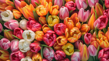 Blooming multicolored dutch tulips frome top view. Generative AIの素材