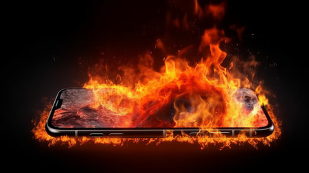 Burning smartphone. Mobile phone in fire. Generative AIの素材