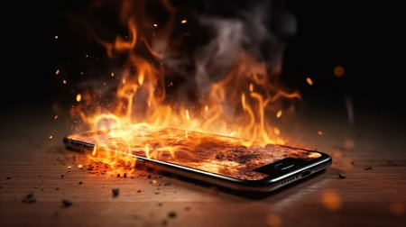 Burning smartphone. Mobile phone in fire. Generative AIの素材