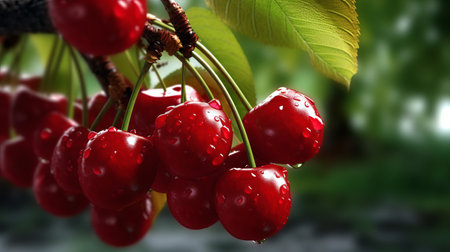 Closeup of red cherries on a branch. Generative AIの素材