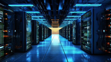 Computer networking server room warehouse. Generative AIの素材