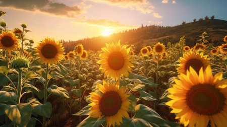 Field of sunflowers in sunset light. Generative AIの素材