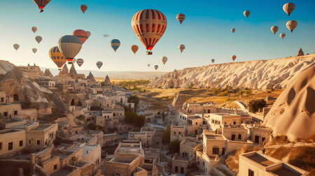 Flying baloons in Cappadokia Turkey. Generative AIの素材