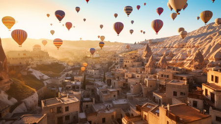 Flying baloons in Cappadokia Turkey. Generative AIの素材