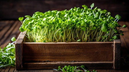 Fresh pea microgreen sprouts on a black wooden table. Generative AIの素材