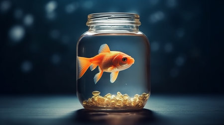 Gold fish in glass jar. Generative AIの素材