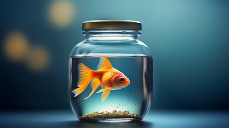Gold fish in glass jar. Generative AIの素材