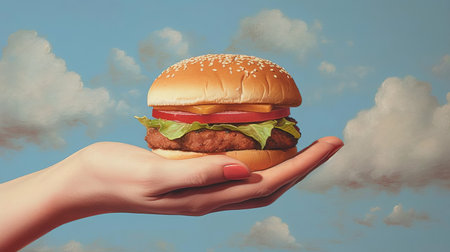 Hands holding a hamburger. Generative AIの素材