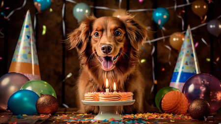 Happy cute dog celebrating at a birthday party. Generative AIの素材