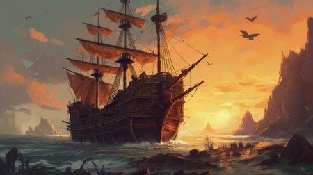 Illustration Landscape with pirate ship. Generative AIの素材