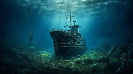 Sunken ship at the bottom of the ocean. Generative AIの素材