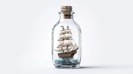 Ship inside a glass bottle isolated on white background. Generative AIの素材