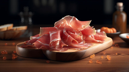 Sliced prosciutto on a wooden board. Generative AIの素材