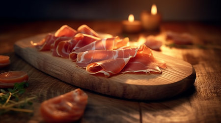 Sliced prosciutto on a wooden board. Generative AIの素材