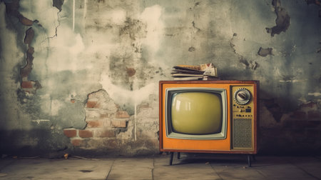 Vintage TV against the wall. Generative AIの素材