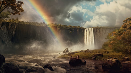 A beautiful rainbow over a waterfall. Generative AIの素材