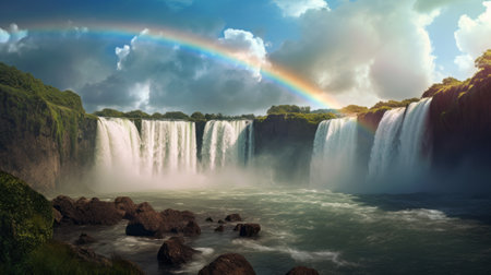 A beautiful rainbow over a waterfall. Generative AIの素材