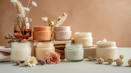 Collection of cosmetic natural creams stored. Generative AIの素材