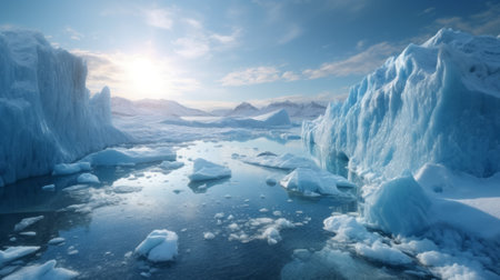 A majestic glacier and the ice cold sea. Generative AIの素材