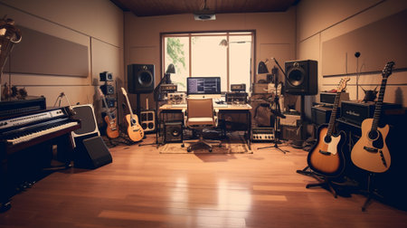 A music room with instruments and a recording studio. Generative AIの素材