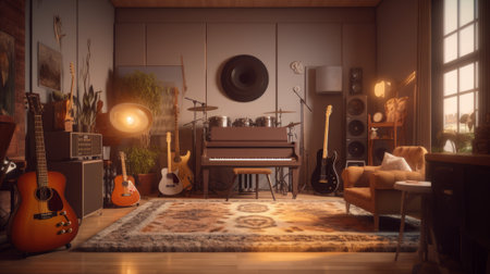 A music room with instruments and a recording studio. Generative AIの素材