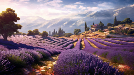 A picturesque landscape filled with lavender fields. Generative AIの素材