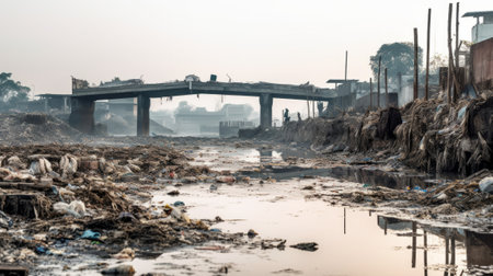 Polluted river with discarded waste. Generative AIの素材