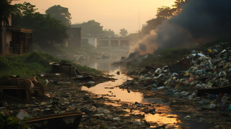 Polluted river with discarded waste. Generative AIの素材