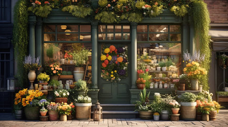 A store front flower shop. Street outdoor view. Generative AIの素材