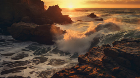 Wave crashing on a rocky shoreline at sunset. Generative AIの素材