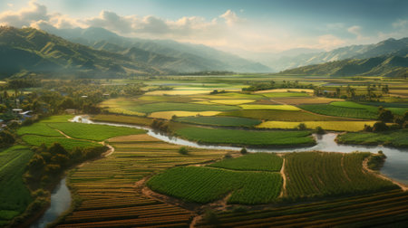 An agricultural valley with irrigated crops. Generative AIの素材