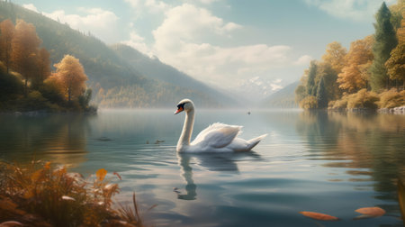 Beautiful landscape with swan floating on the lake. Generative AIの素材