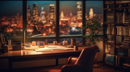 Blurred office workspace in the evening interior. Generative AIの素材