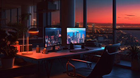 Blurred office workspace in the evening interior. Generative AIの素材