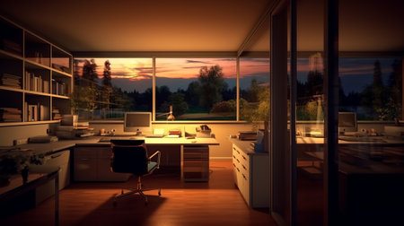 Blurred office workspace in the evening interior. Generative AIの素材