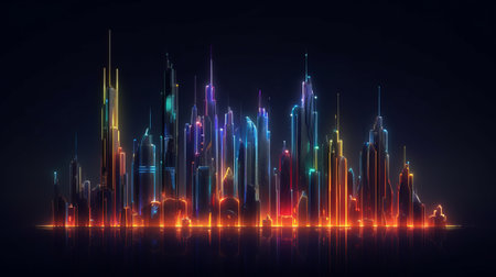 Bright futuristic towers on a dark background. Generative AIの素材
