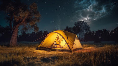 Camping tent in the field at night. Generative AIの素材