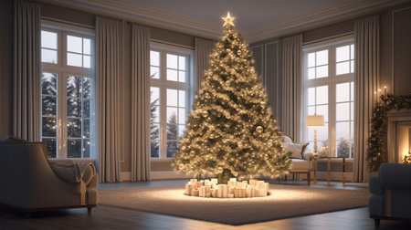 Christmas tree with lights in living room. Generative AIの素材
