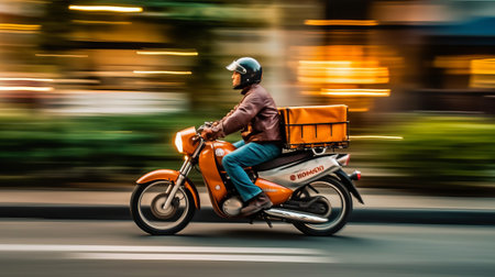 Courier rides a motorcycle motion blur. Generative AIの素材