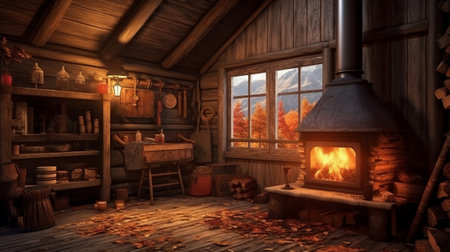 Cozy wooden hut with fireplace. Generative AIの素材