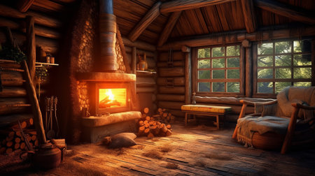 Cozy wooden hut with fireplace. Generative AIの素材