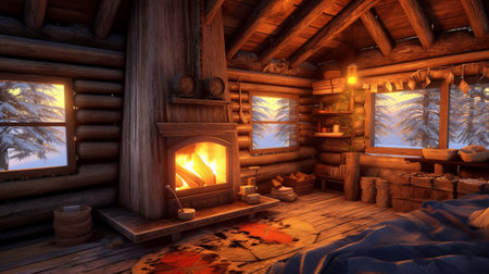 Cozy wooden hut with fireplace. Generative AIの素材