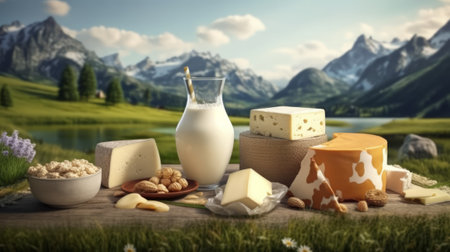 Dairy products on the background of the landscape. Generative AIの素材