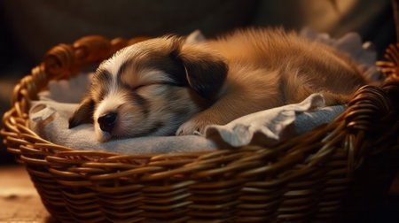 Dog puppy sleeps in the dog basket. Generative AIの素材