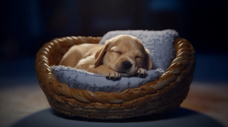 Dog puppy sleeps in the dog basket. Generative AIの素材