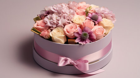 Flowers in round luxury present box. Generative AIの素材