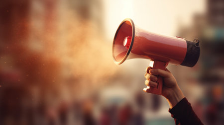 Hand holding megaphone on blur background. Generative AIの素材