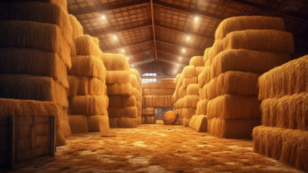 Haystacks sorted inside an agricultural. Generative AIの素材