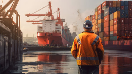 Industry with cargo ship engineer worker back view. Generative AIの素材