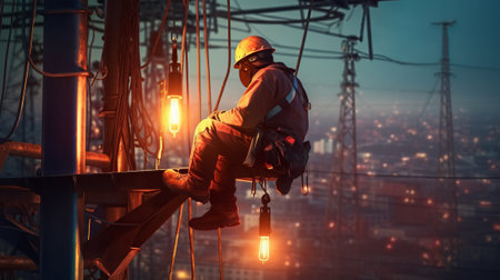 Industry with electrical engineer working at heights. Generative AIの素材